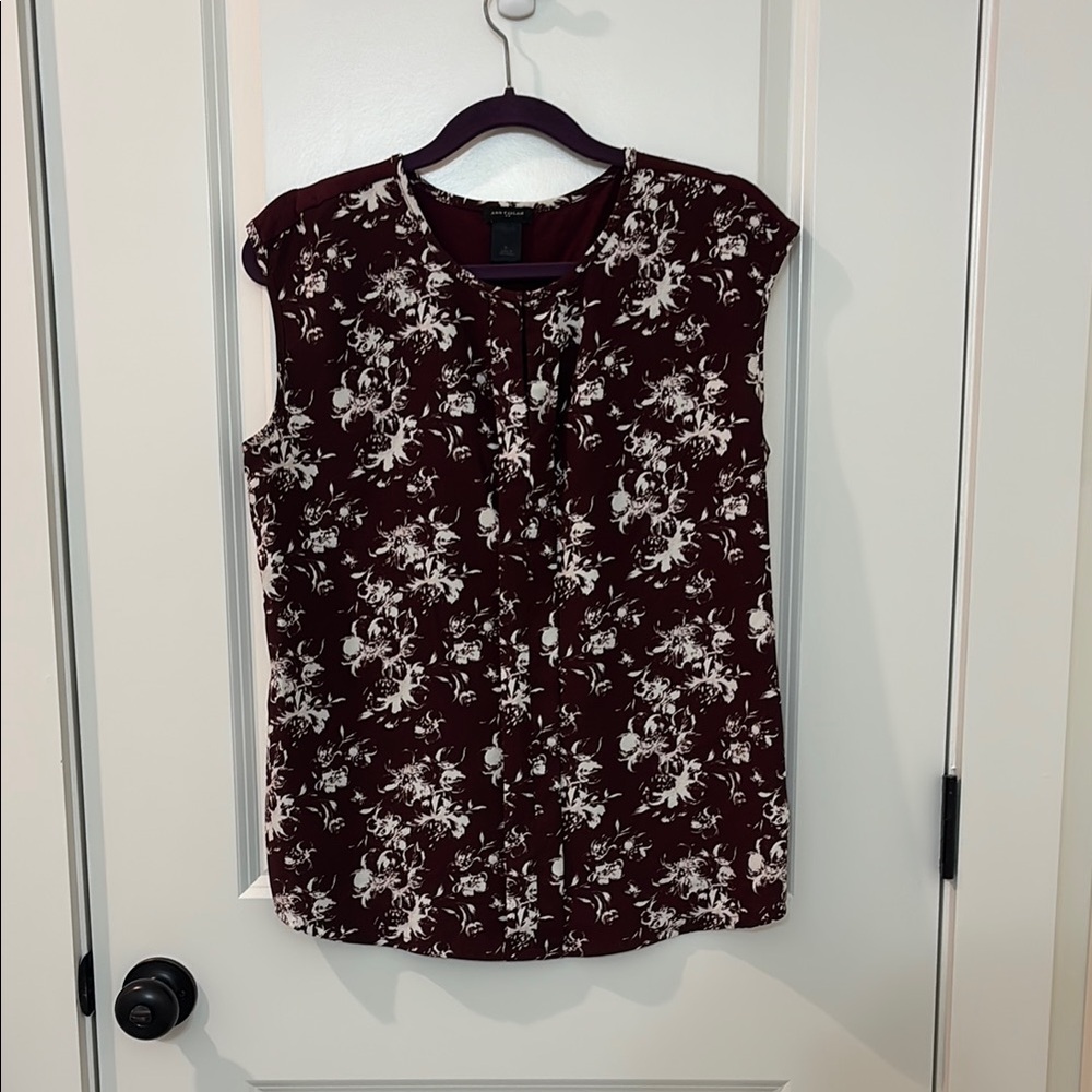 Ann Taylor Wine and White Cap Sleeve Blouse with Mandarin Collar